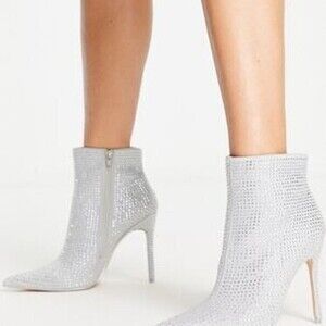 Public Desire Verona ruched rhinestone heeled ankle boots in silver